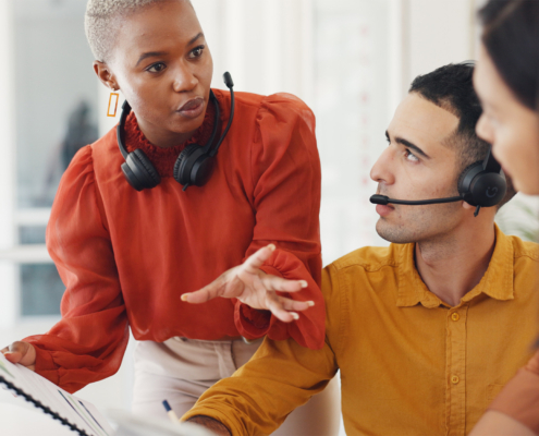 Documents, Woman Or Call Center Team Training With Sales Consultants
